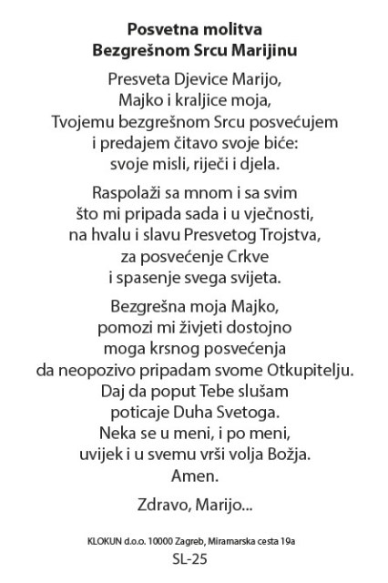 Posvetna molitva Bezgrešnom Srcu Marijinu